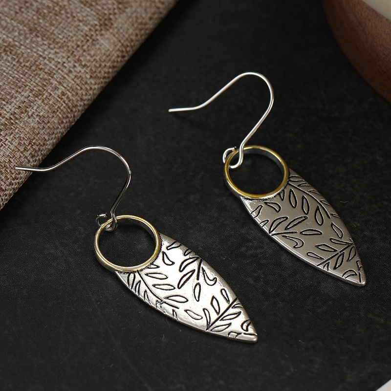 Women's Vintage Botanical Leaf Dangle Earrings, Two-Tone Teardrop